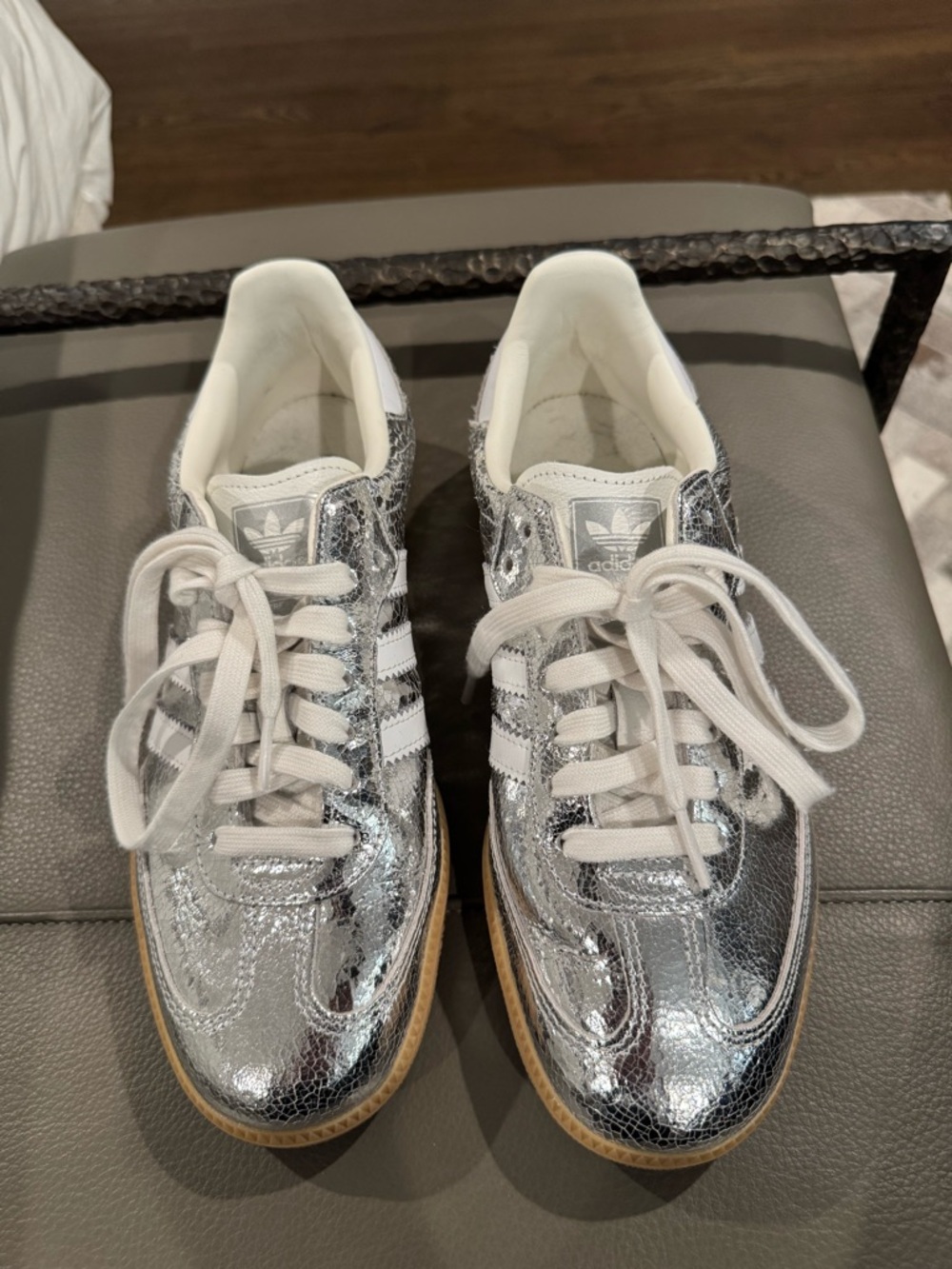 adidas Metallic Silver Samba Sneakers with White Stripes
